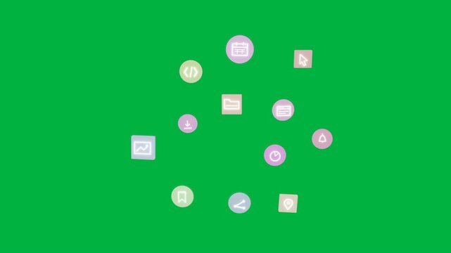 Pink icon appearing, pastel icons entering, forming ring, pulsing, exiting on transparent bg for UI