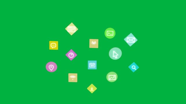 lime diamond popping lower starting icons forming ring collapsing showing menu on transparent bg