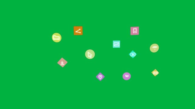 Spawn at right sending UI icons inward, forming arc, showing features, then exiting; transparent bg