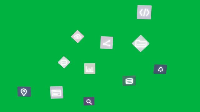 Map-pin spawning, UI icons rising, clustering, rotating, dispersing to demo features on transparent