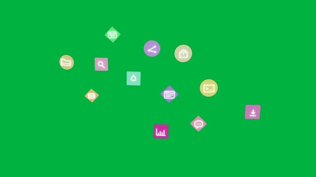 Dot and diamond appearing, icons emerging, forming arc, fading on transparent backdrop showing UI