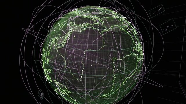 On play wire globe rotating, orbits sweeping nodes clustering, mapping network on transparent bg