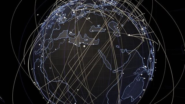 On node pulse globe rotating west, arcs orbiting and nodes pulsing, revealing net on transparent