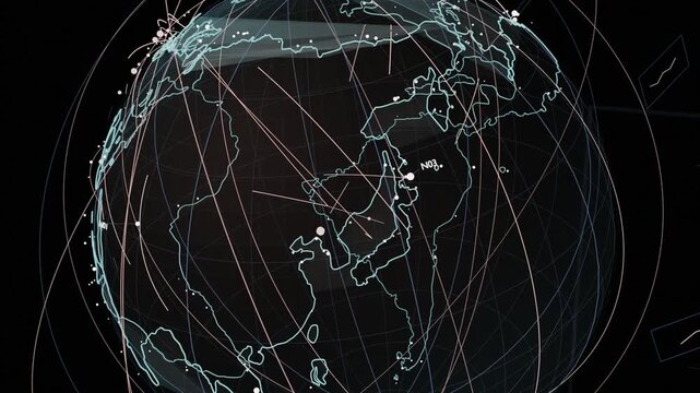 Orbiting camera starting wire globe rotating nodes pulsing showing network background transparent
