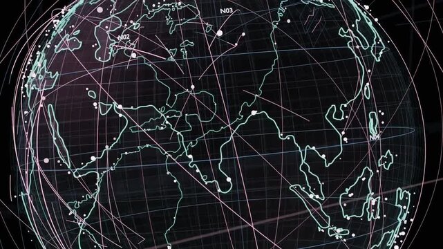 Camera orbiting globe rotating revealing routes and nodes mapping network on transparent backdrop