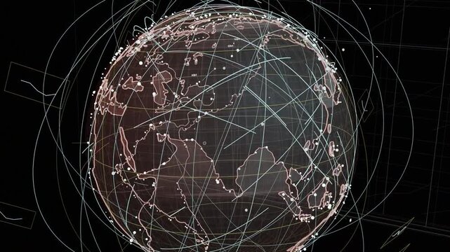 on start 3D globe rotating nodes pulsing and lines expanding showing global links on transparent BG