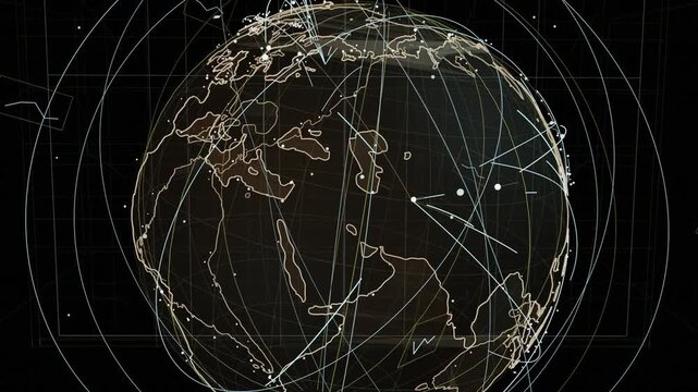 On pulse 3D globe rotating beams sweeping nodes appearing showing data flow transparent background