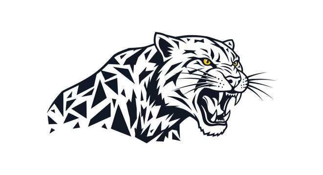 Stylized roaring jaguar mascot with geometric patterns on a white background