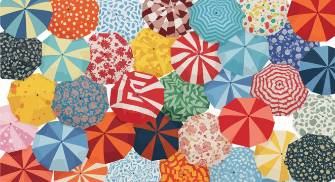 A vibrant collection of colorful patterned umbrellas seen from an overhead view.