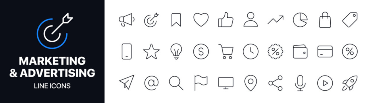 Clean marketing and advertising line icons vector set featuring business, promotion, analytics, and communication symbols. Ideal for web design, apps, presentations, and digital marketing platforms.