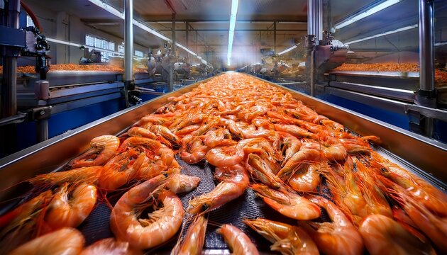 a bustling seafood processing factory line filled with fresh cooked shrimps moving along a conveyor belt representing mass production