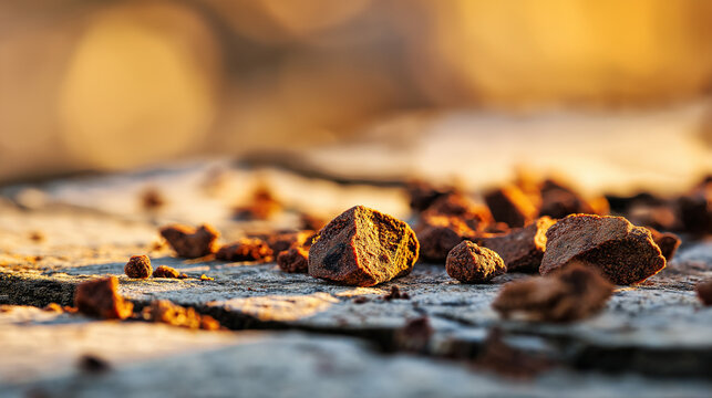 pomace. Dried grape pomace fragments scattered on sunlit stone slabs. menu design, packaging mockups, designed for culinary blogs and recipe cards for restaurants, used by videographers.