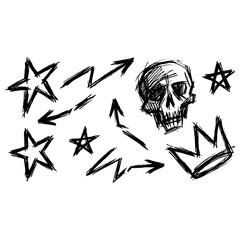 Grunge street art elements set featuring hand drawn skulls stars crowns © MUHAMMAD