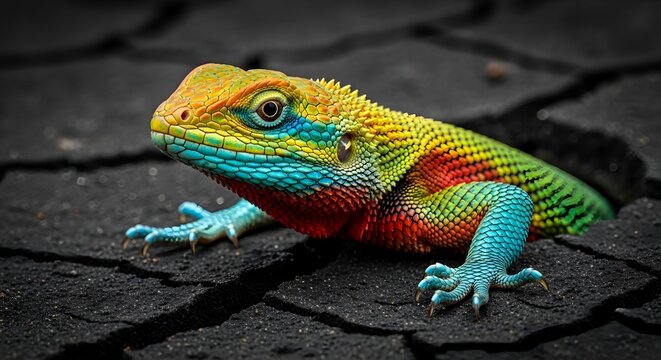 Vivid rainbow colored lizard moving out of cracks on dark parched earth surface. Wildlife nature concept
