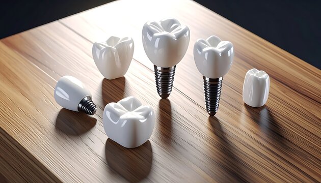 Dental crowns and implants arranged on a wooden surface, showcasing restorative dentistry, tooth replacement, and prosthetics for a healthy smile