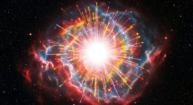 Cosmic explosion of light and color, resembling a supernova or nebula with radiating beams of energy and cosmic dust