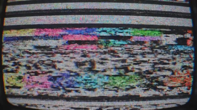 Retro television screen displaying static and colorful test pattern with horizontal lines