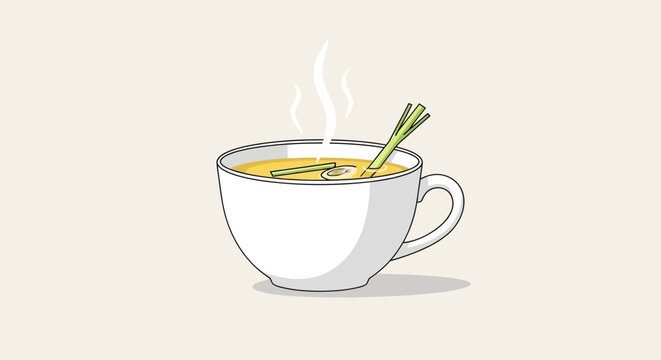 Bowls of warm broth with fresh green onion garnish minimalist art