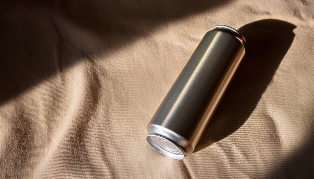 close up still life mockup of a tall skinny aluminum can lying on beige linen cloth with sunlight streaming diagonally and a blank matte surface