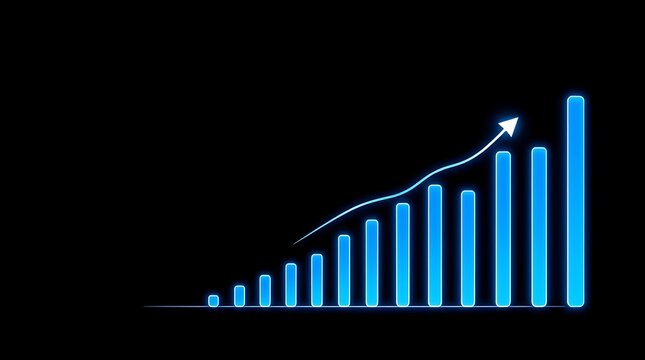 Glowing neon bar chart with upward trend arrow showing business performance and progress.