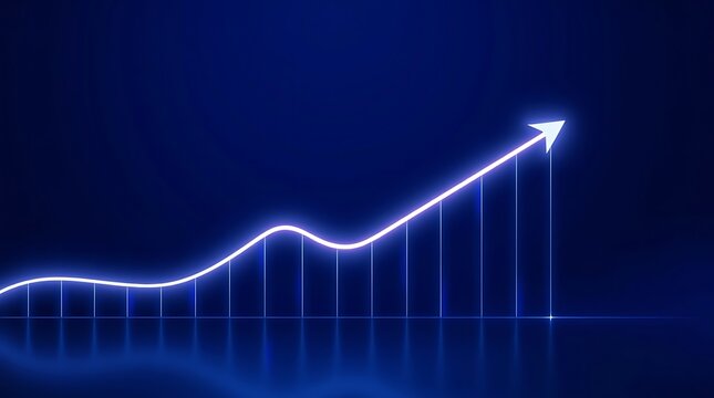 Fluctuating white neon line graph with vertical bars indicating market volatility and rise.