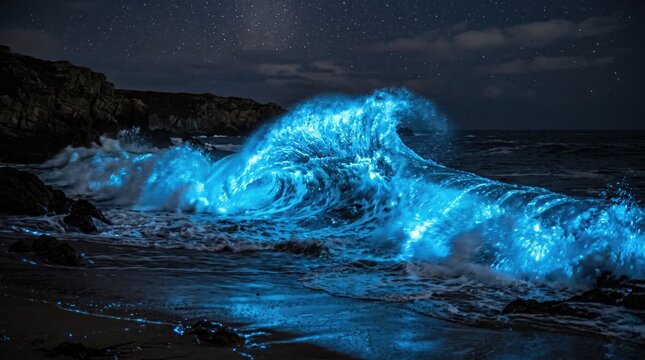 Bioluminescent ocean wave on dark beach at night