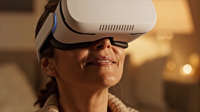 Woman experiencing virtual reality headset with a smile, immersed in a digital world at home