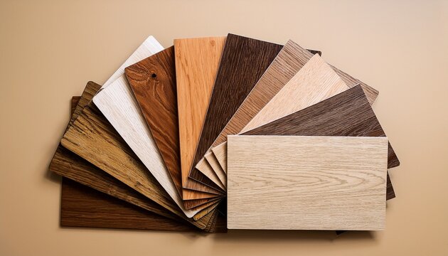 engineered hardwood or laminate flooring swatch samples in various type of wood texture isolated on beige background a variety of shades of wood floor material