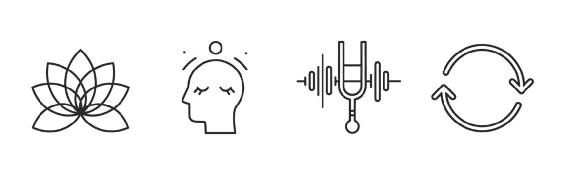 Set of minimalist vector icons for holistic well-being, including symbols for meditation, stress management, sound frequency, and mental reset, ideal for lifestyle and health-related content