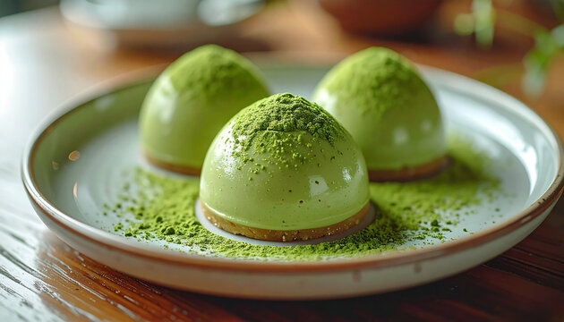 Green matcha desserts on ceramic plate, smooth creamy texture, powdered matcha dusting, appetizing sweet food, blurred cafe backdrop.