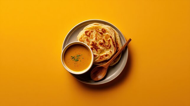 Warm malaysian roti canai on yellow canvas