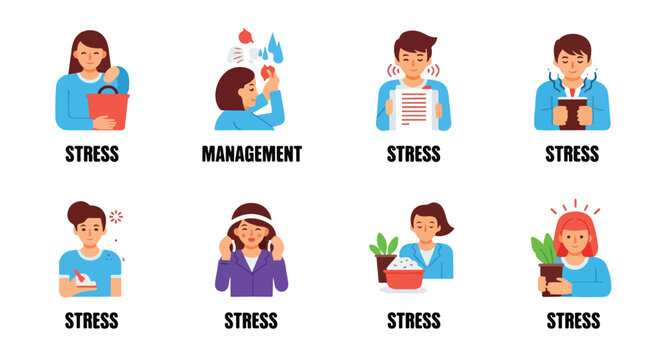 A collection of illustrated icons depicting stress management techniques and symptoms, showcasing various strategies for coping with anxiety and promoting mental wellness in a modern design.