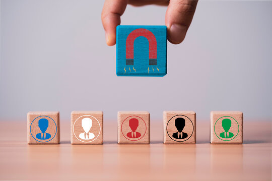 Customer retention strategy concept with magnet attracting user icons represent loyalty, client engagement, relationship management, repeat business, brand trust and long term customer value.