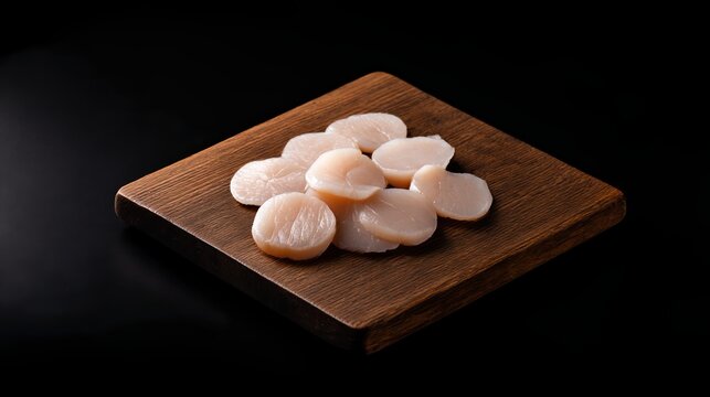 Silken Japanese Hotate scallops on dark wood