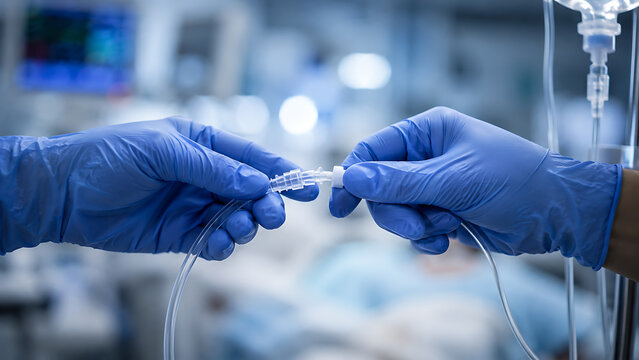 Close Up of Medical Staff Passing Sterile Instrument During Clinical Procedure in Hospital Environment
