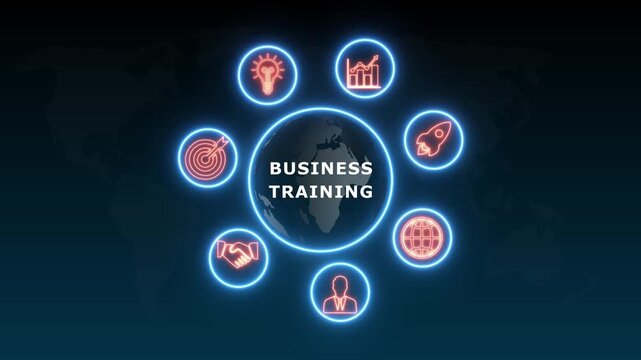 shows glowing neon line banner of BUSINESS TRAINING concept with icons of business, responsibility, customers, integrity, goals, teamwork, commitment and innovation .4k video animation
