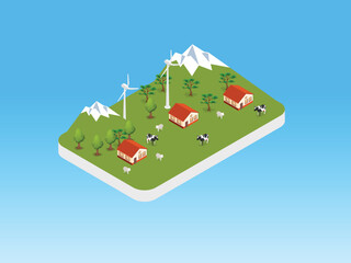 Obraz premium Sustainable Eco Village with Wind Turbines and Livestock Farm 3d isometric vector illustration