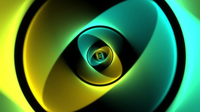 Minimal thin fluorescent spiral in infinite rotation. Funky holographic backdrop in retro style. Shiny fibonacci swirl in green and yellow neon colors. Seamless loop animation.