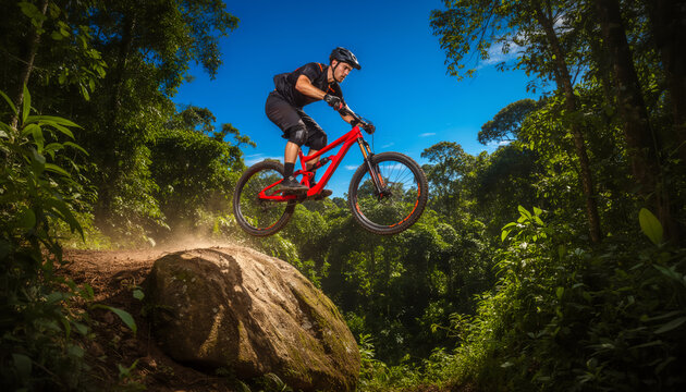 Professional mountain biker performing a high jump over a large rock on a red bicycle amidst a dense green tropical forest trail during an intense downhill racing competition