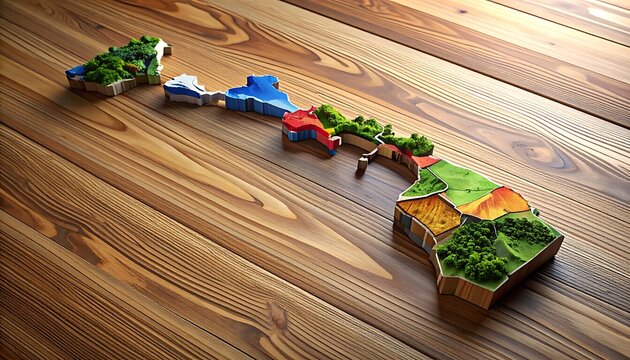 Detailed map of Hawaii islands made of colorful blocks with green trees on wooden surface, travel and geography concept