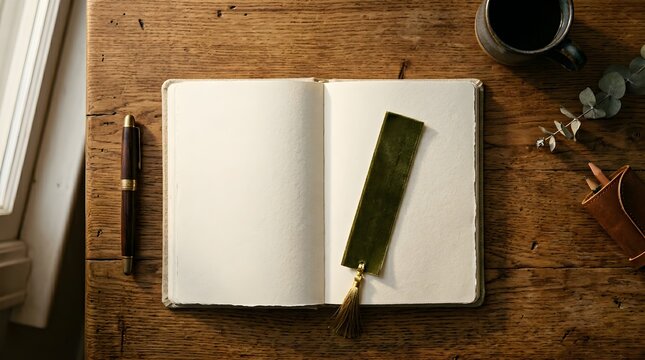 Open blank notebook with leather bookmark on rustic wooden table.