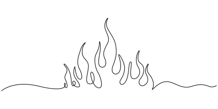 Fire icon in continuous one line drawing with minimalist style isolated outline illustration design. one line Icon drawing, Continuous one line drawing of a fire flame alongside a standard outline