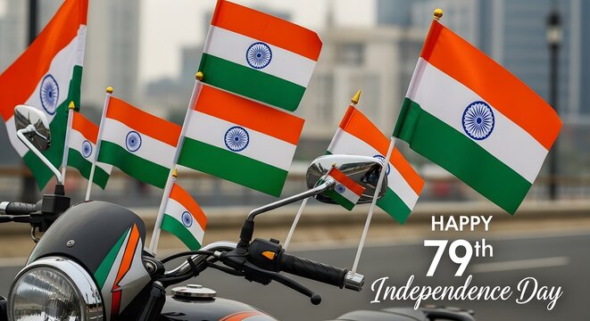 Indian independence day celebration with motorcycle and flags