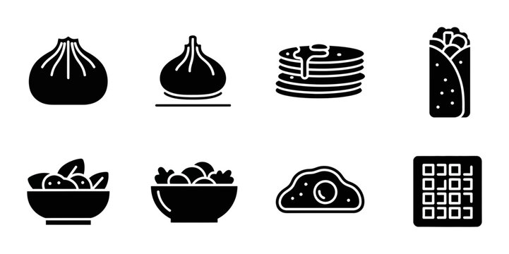Diverse Food Icons Collection: Dumplings, Burrito, Pancakes, Salad, Fried Egg, Waffle, Vector Graphics for Culinary Themes