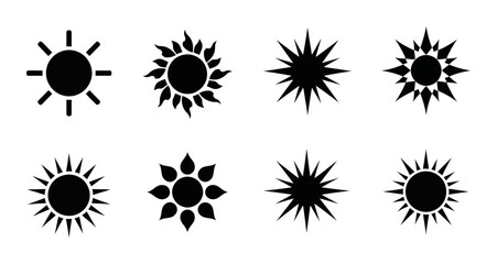 Obraz premium Set of 8 Black Sun Icons, Celestial Body Vector Graphics, Radiant Star Symbols, Summer Weather Elements, Simple Solar Shapes