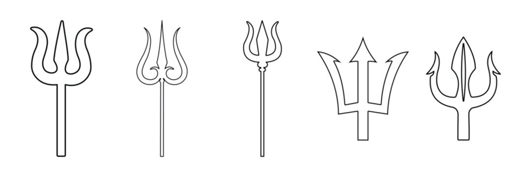 Trident and Devil Pitchfork Icon Set Vector with Mythology, Poseidon, Neptune, Triton, and Barbados Trident Symbols in Black Silhouette Style