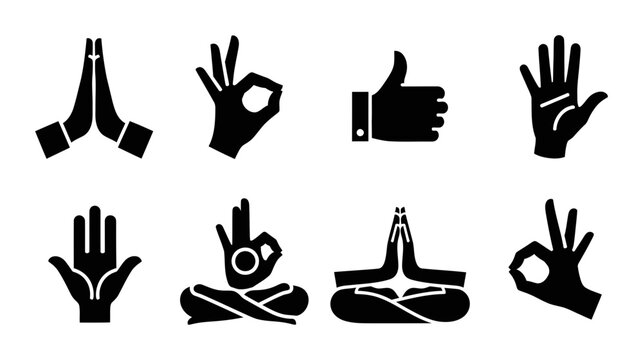 Gesture Icons Set: Yoga Mudras, Praying Hands, Thumbs Up, Open Palms, Okay Sign, Vector Graphics for Wellness and Communication