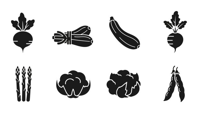 Black Silhouette Vegetable Icons Set, Healthy Food Graphics, Organic Produce Vector Collection, Culinary Ingredients