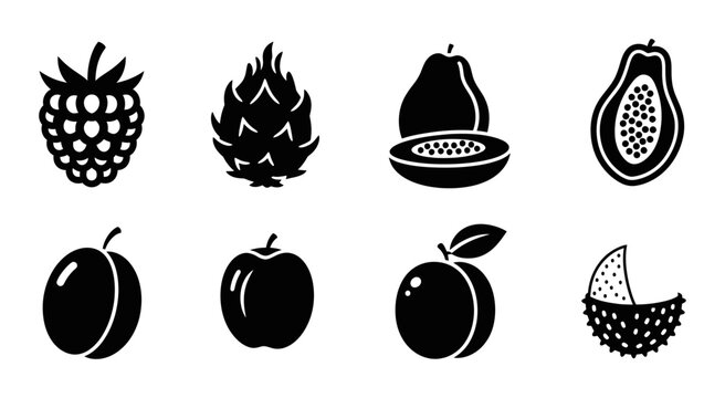 Set of 8 Black and White Fruit Icons: Raspberry, Dragon Fruit, Papaya, Pear, Apple, Plum, Peach, Durian Vector Graphics for Healthy Eating and Food Concepts