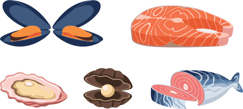 Set of colorful flat vector illustrations of various seafood and shellfish including salmon, tuna, mussels, and oysters isolated on a white background.
